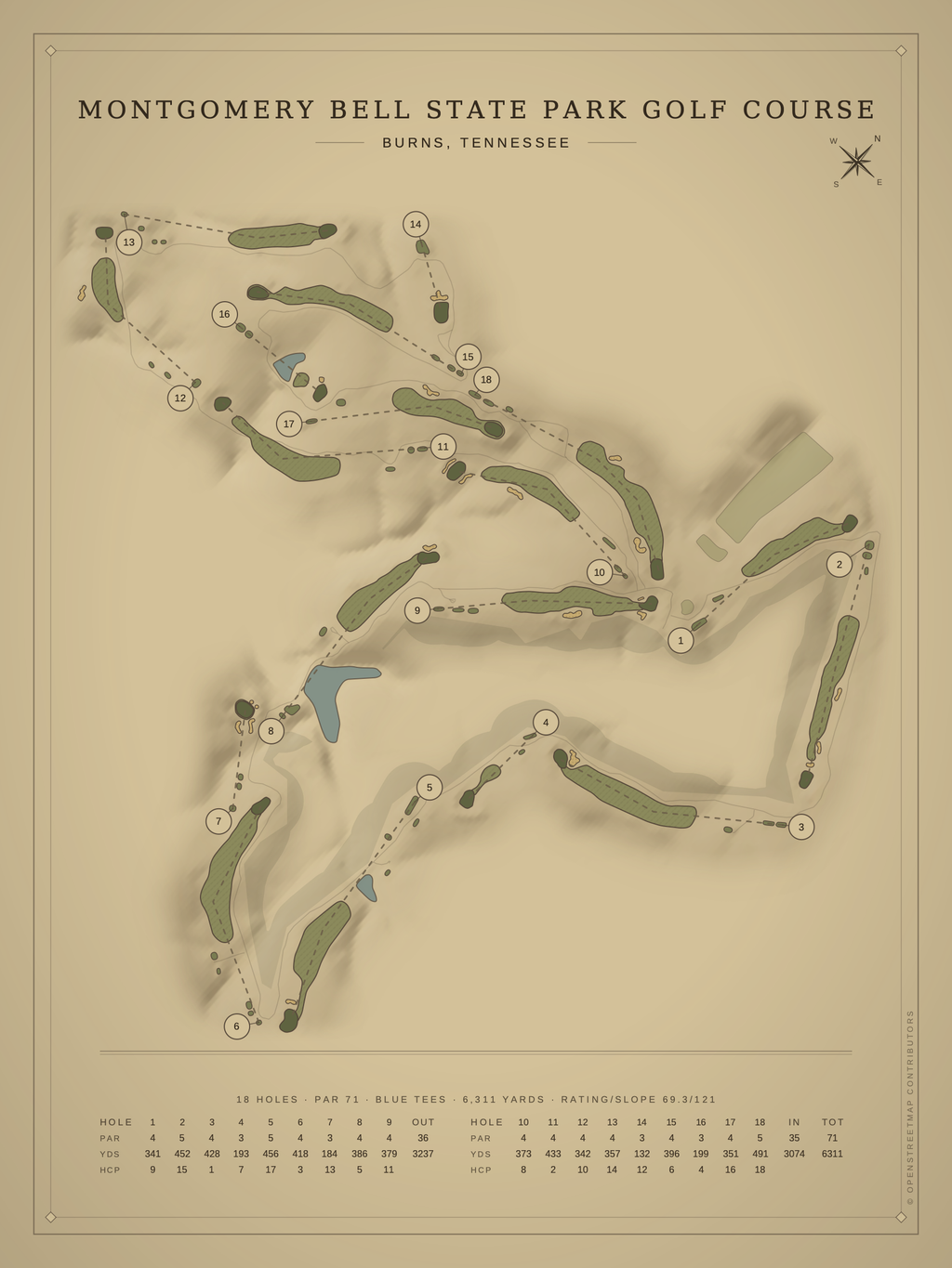 Montgomery Bell State Park Golf Course map poster, Vintage style, 12×16 / 18×24