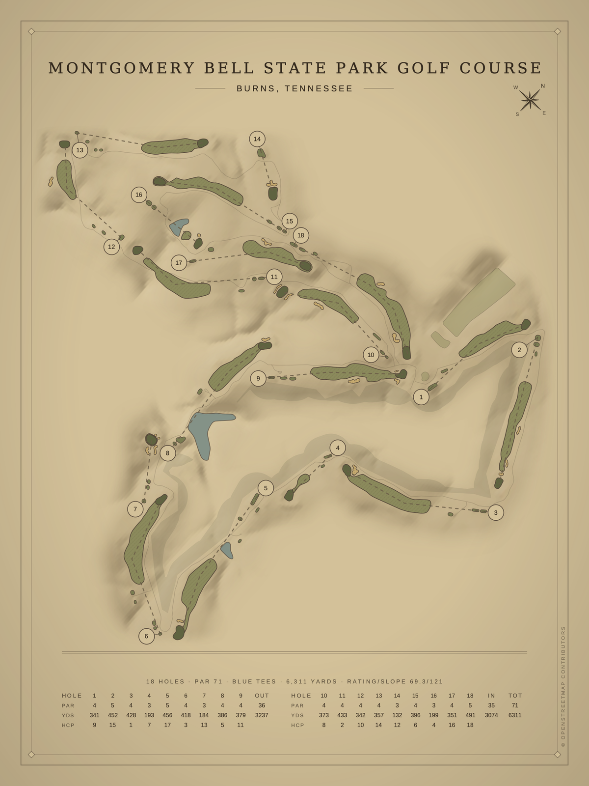 Montgomery Bell State Park Golf Course map poster, Vintage style, 12×16 / 18×24