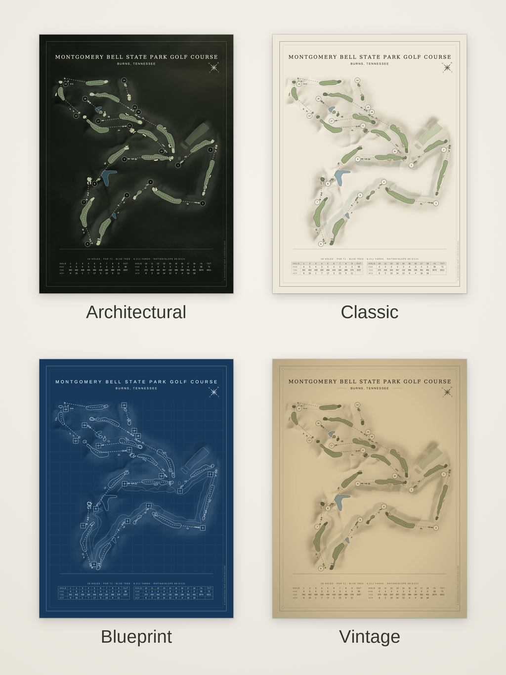 Montgomery Bell State Park Golf Course map poster in four styles: Architectural, Classic, Blueprint and Vintage