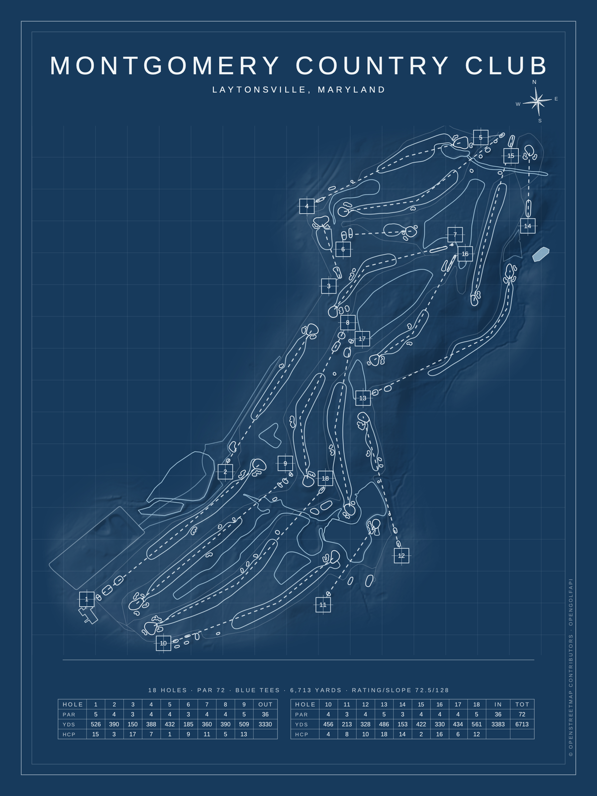 Montgomery Country Club course map poster, Blueprint style, 12×16 / 18×24