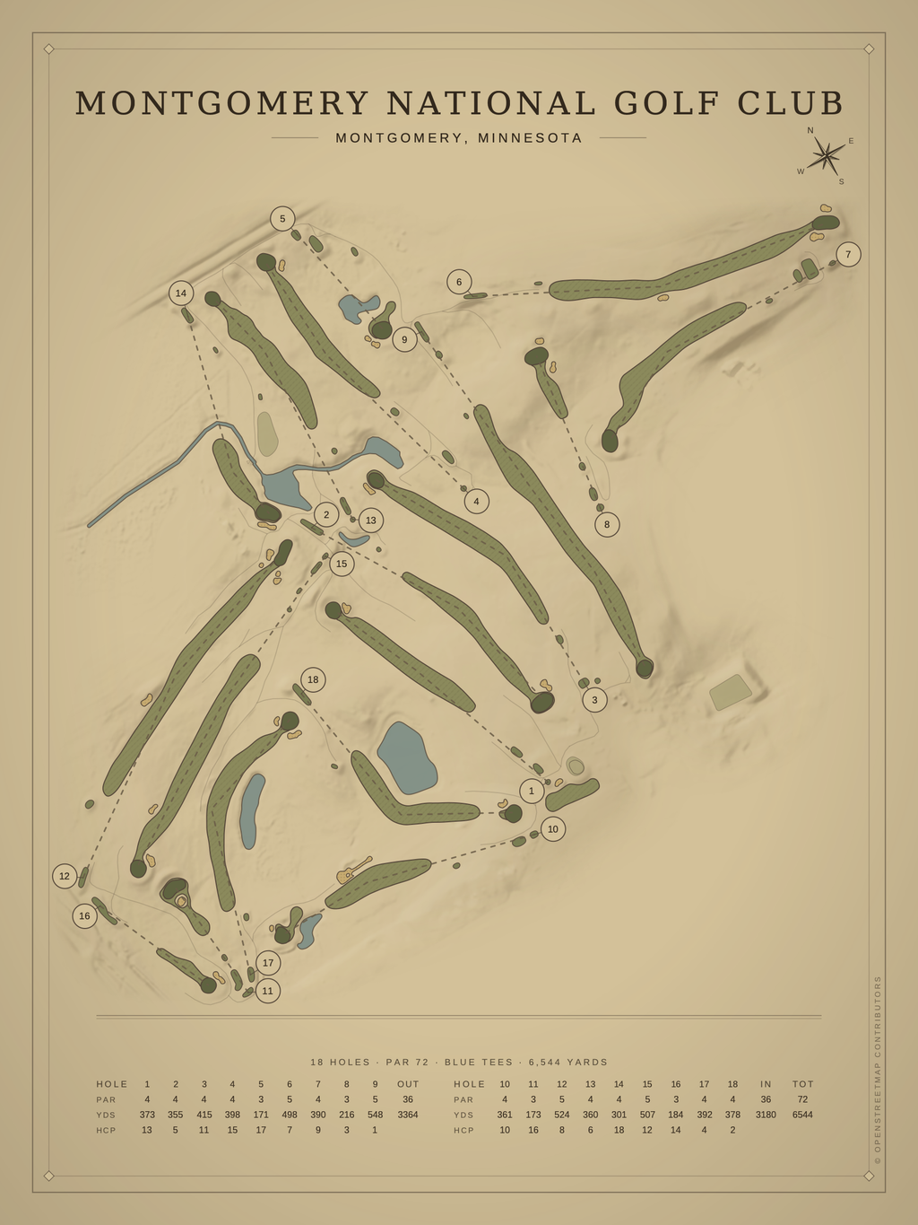 Montgomery National Golf Club course map poster, Vintage style, 12×16 / 18×24