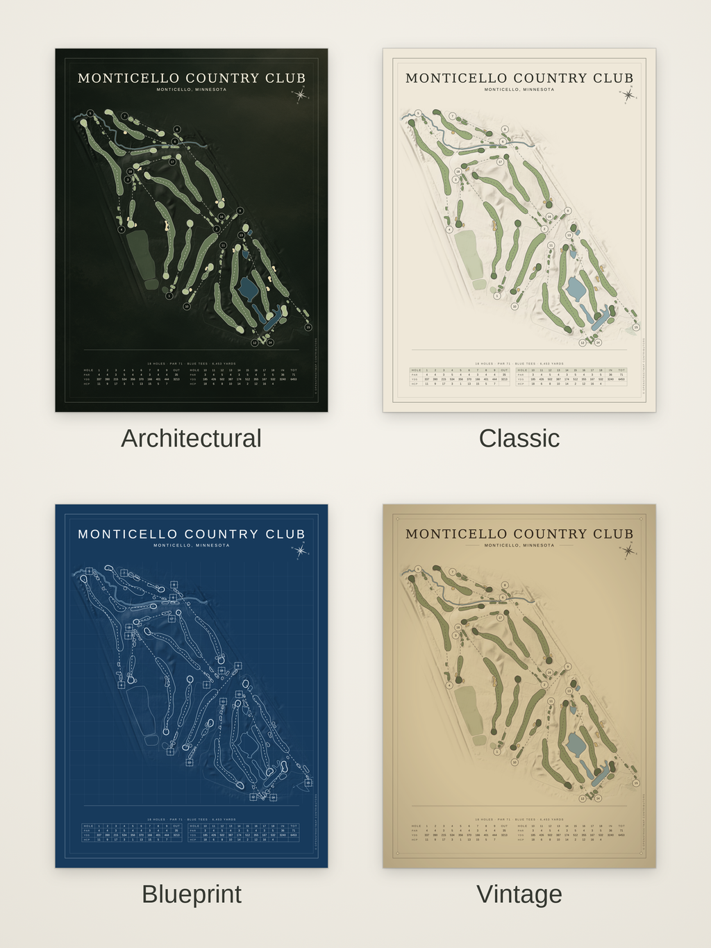 Monticello Country Club course map poster in four styles: Architectural, Classic, Blueprint and Vintage