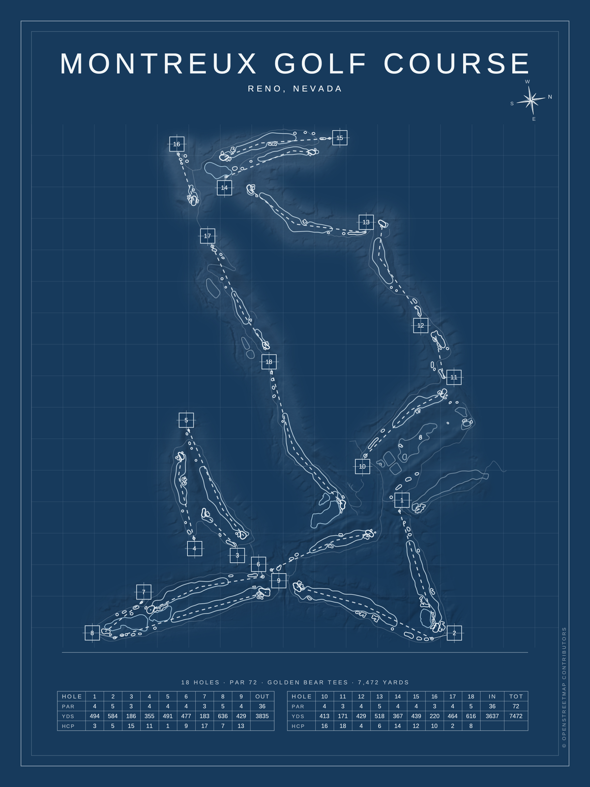 Montreux Golf Course map poster, Blueprint style, 12×16 / 18×24