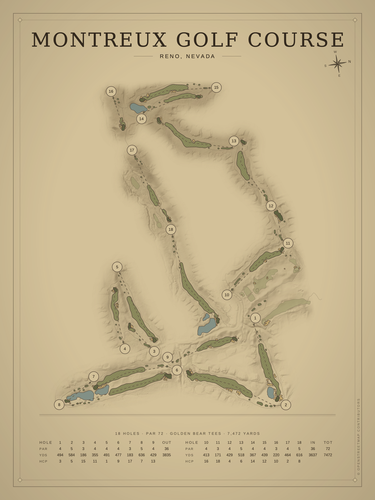 Montreux Golf Course map poster, Vintage style, 12×16 / 18×24