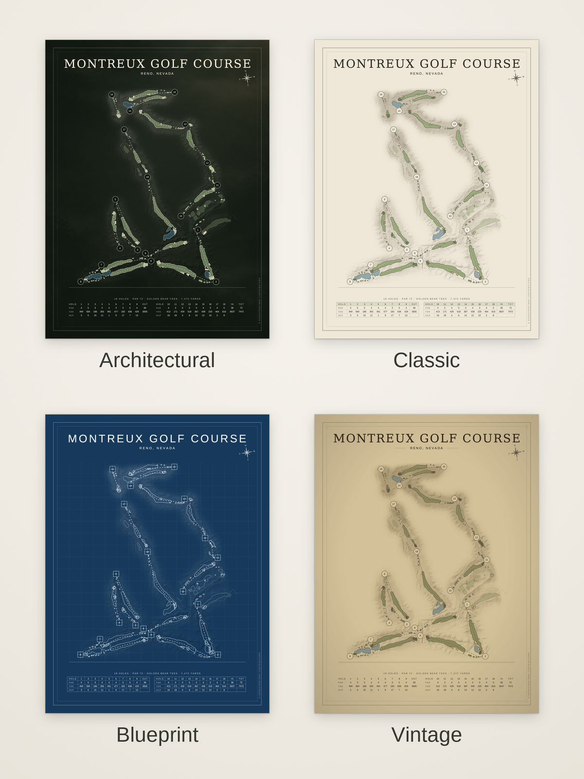 Montreux Golf Course map poster in four styles: Architectural, Classic, Blueprint and Vintage