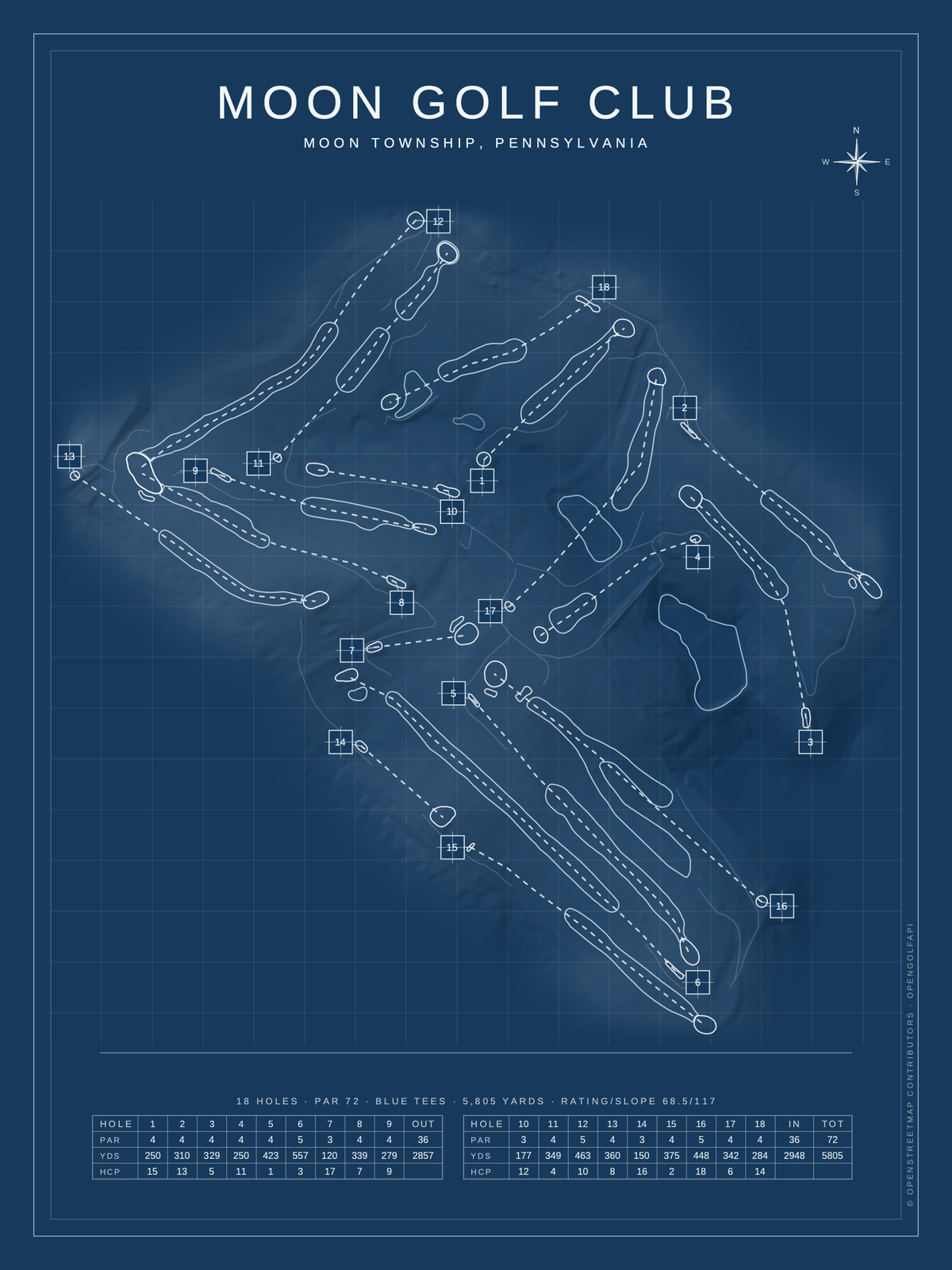 Moon Golf Club course map poster, Blueprint style, 12×16 / 18×24