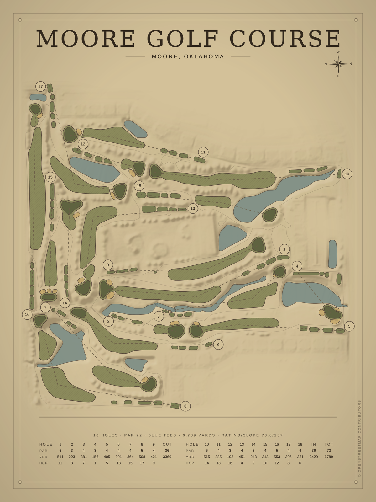 Moore Golf Course map poster, Vintage style, 12×16 / 18×24