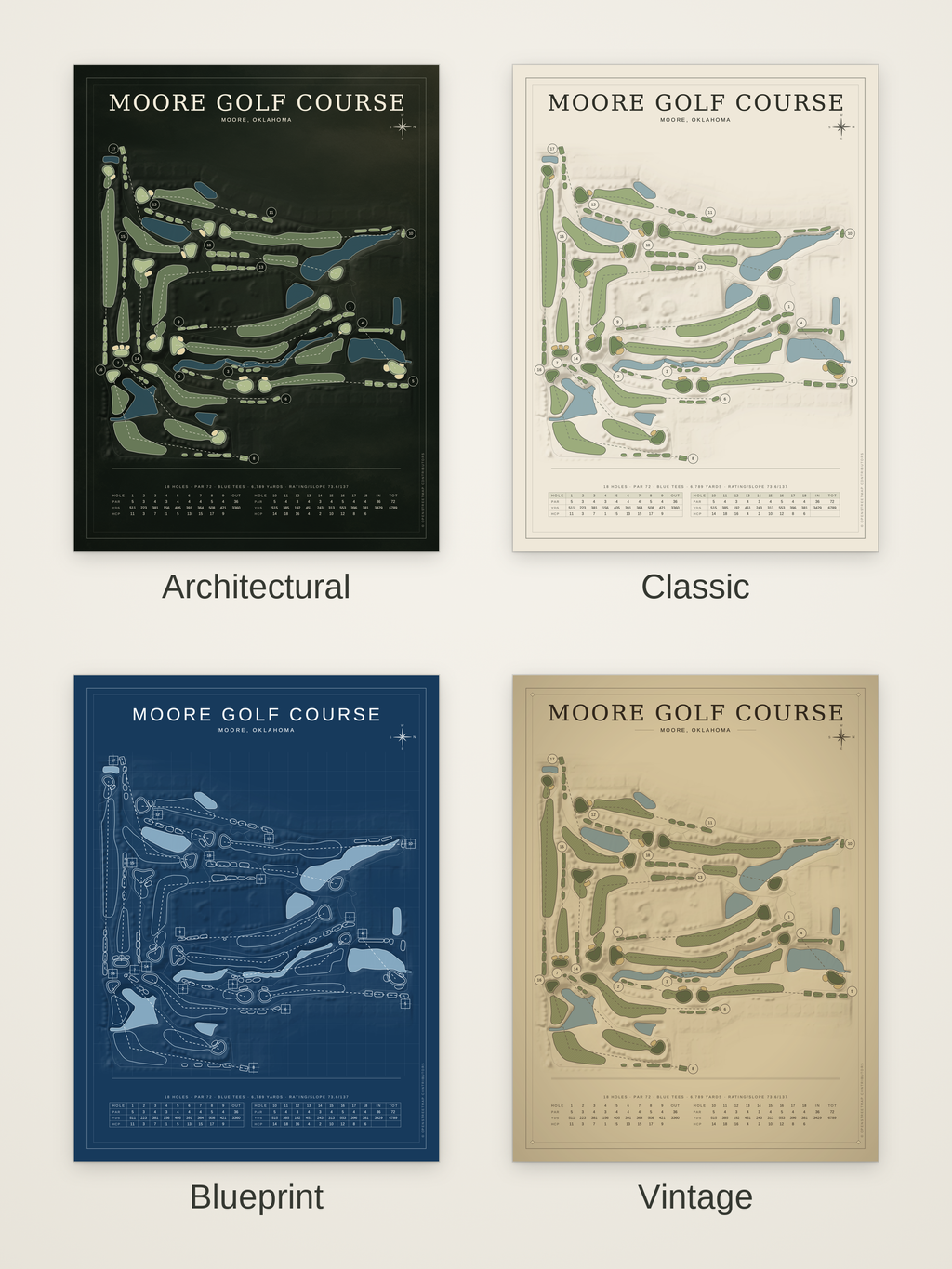 Moore Golf Course map poster in four styles: Architectural, Classic, Blueprint and Vintage