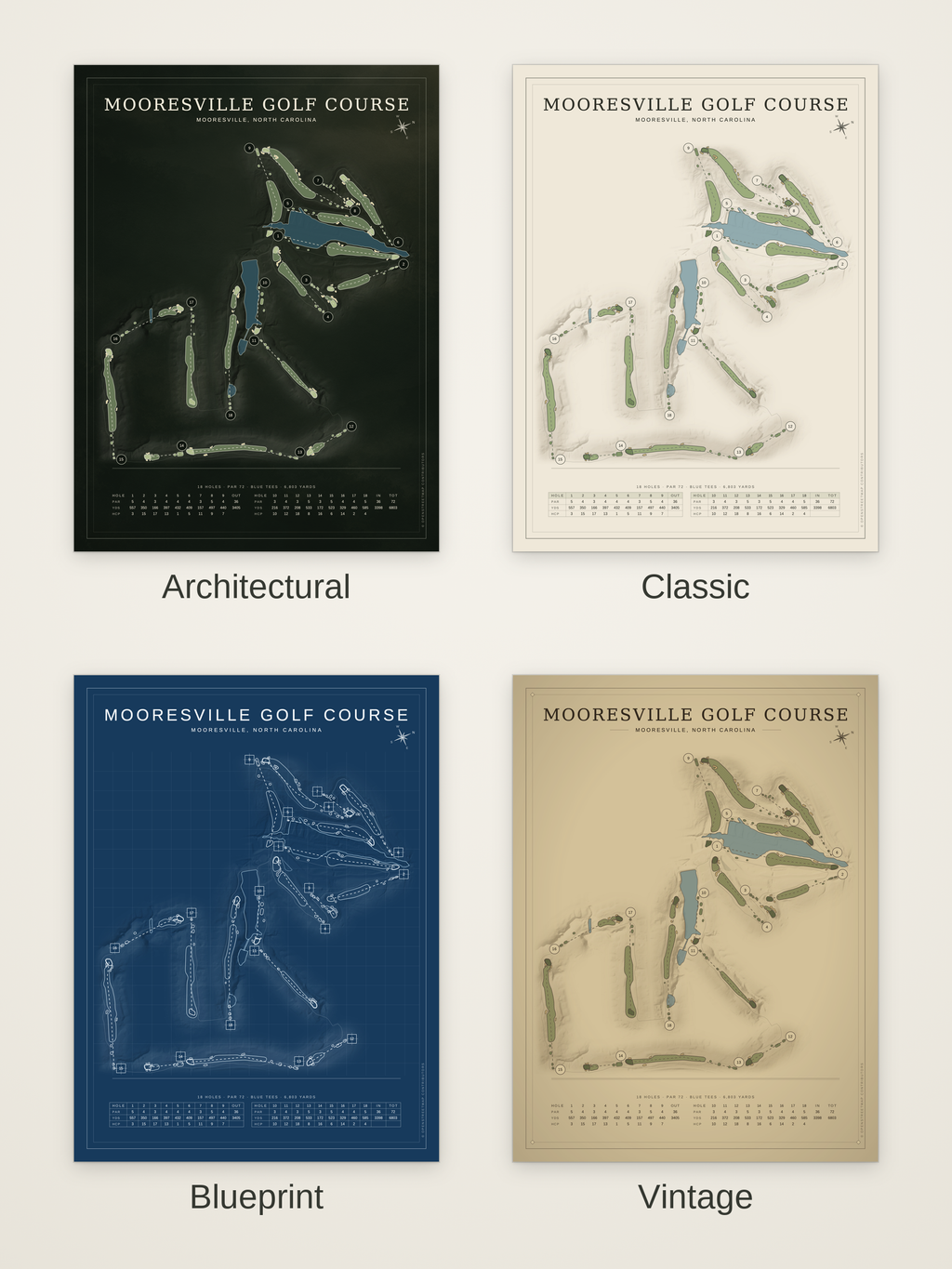 Mooresville Golf Course map poster in four styles: Architectural, Classic, Blueprint and Vintage