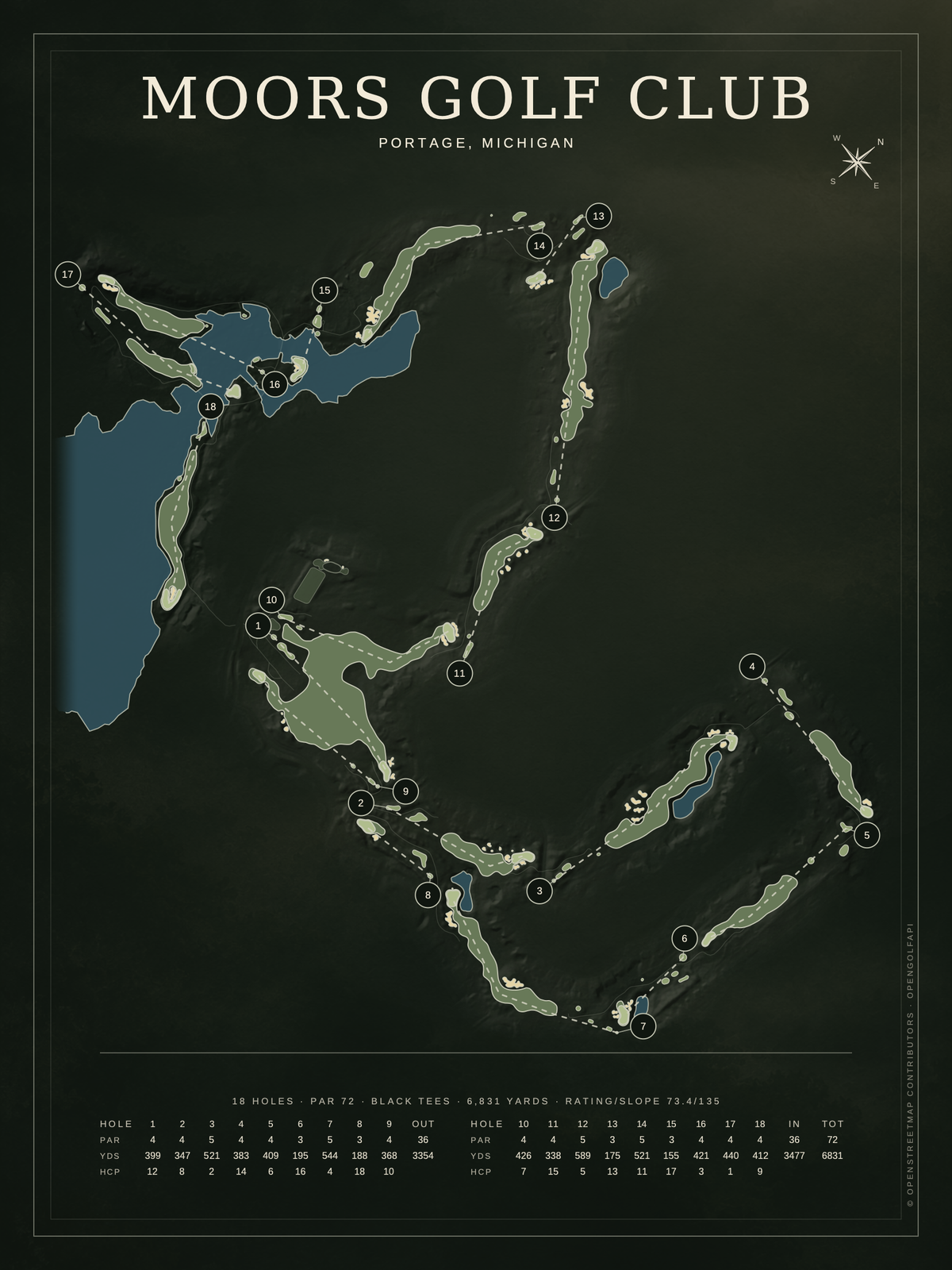 Moors Golf Club course map poster, Architectural style, 12×16 / 18×24