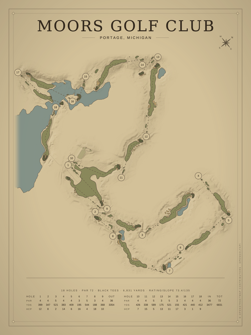 Moors Golf Club course map poster, Vintage style, 12×16 / 18×24
