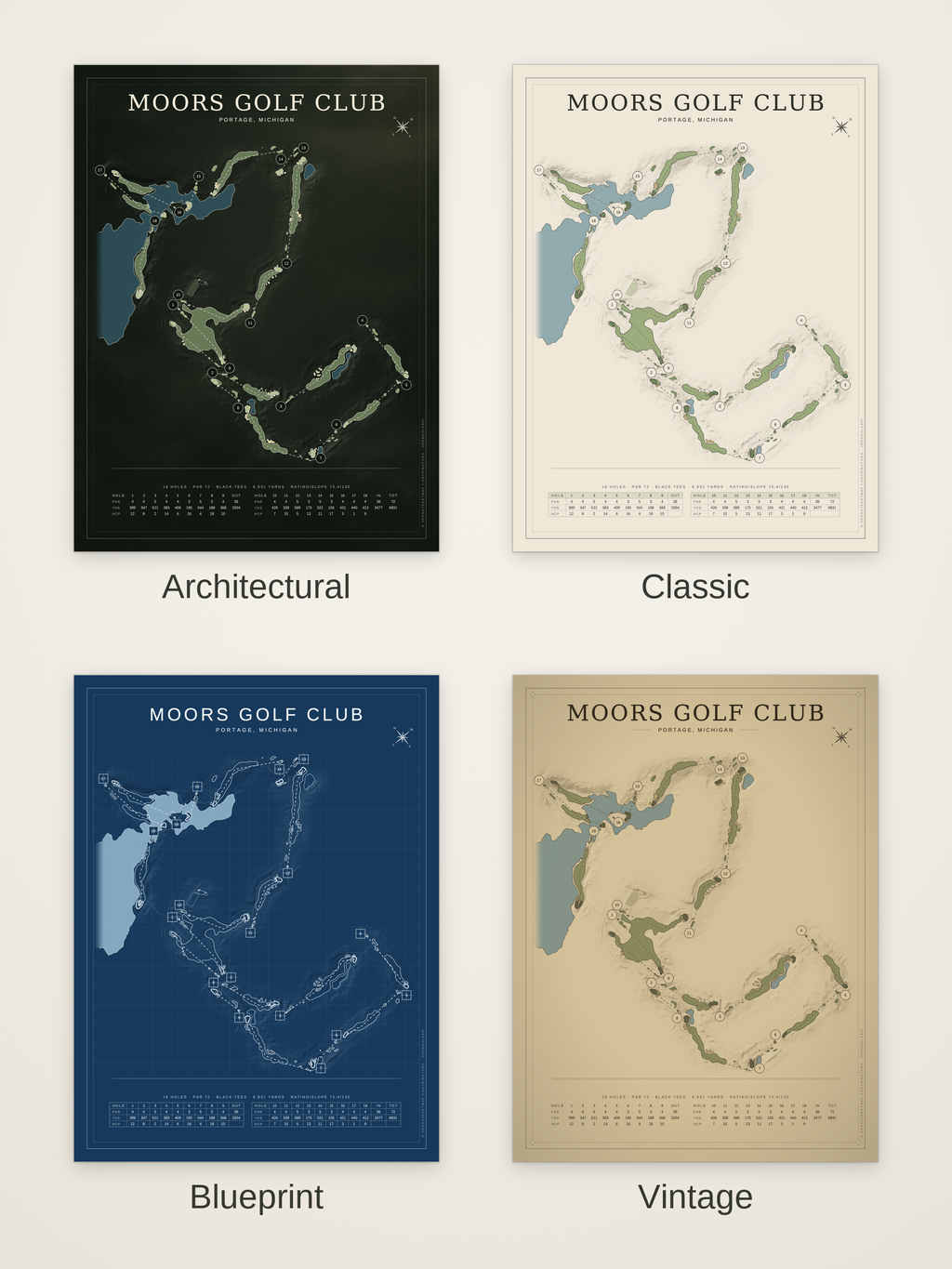 Moors Golf Club course map poster in four styles: Architectural, Classic, Blueprint and Vintage