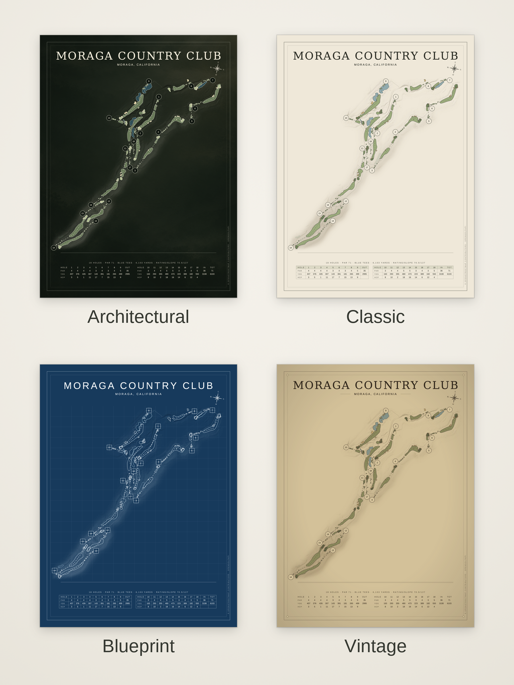 Moraga Country Club course map poster in four styles: Architectural, Classic, Blueprint and Vintage
