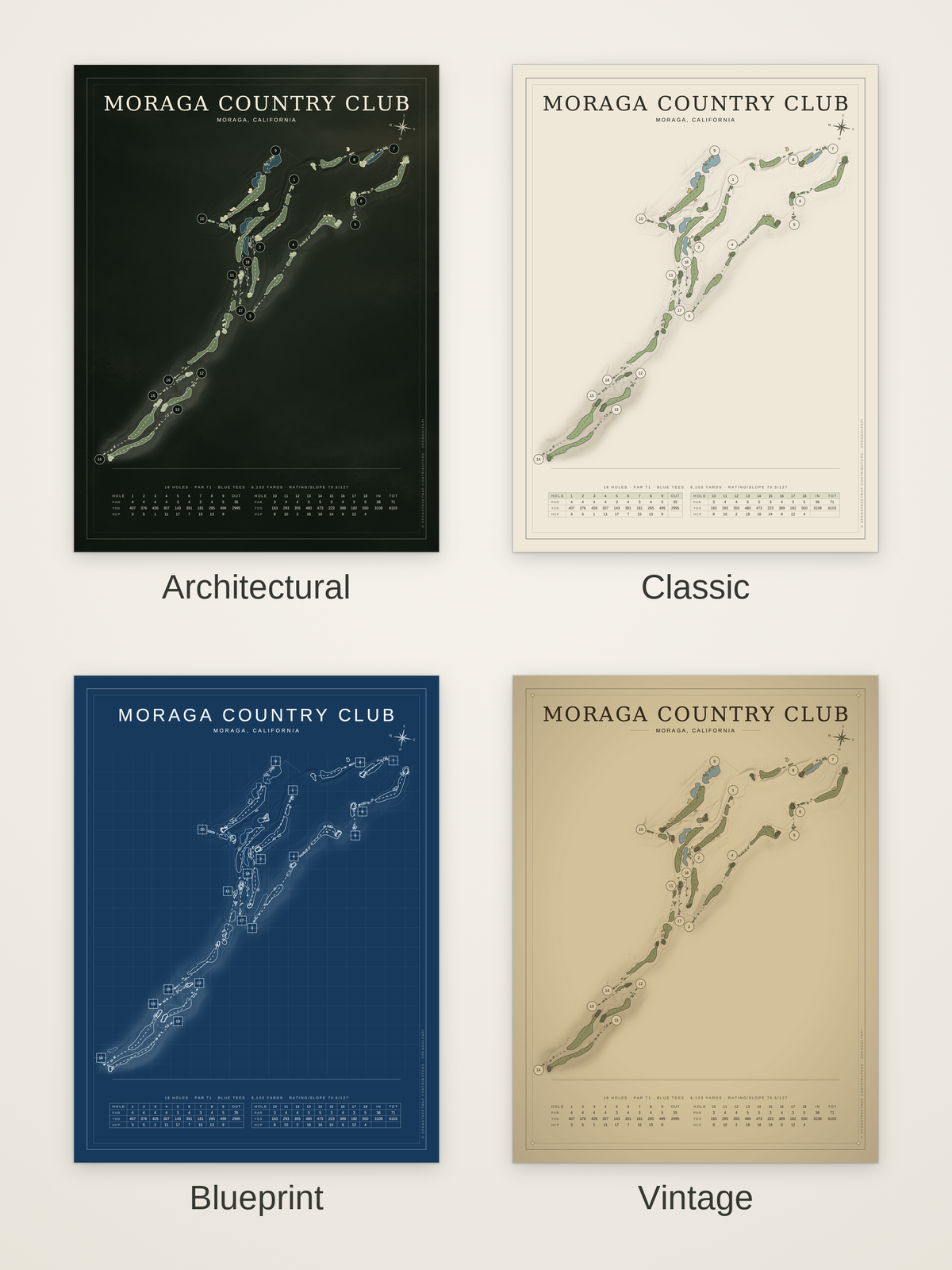 Moraga Country Club course map poster in four styles: Architectural, Classic, Blueprint and Vintage