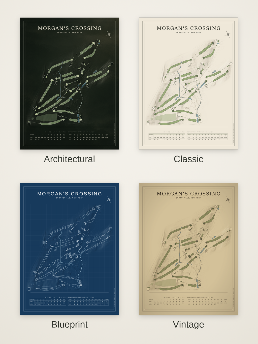 Morgan's Crossing course map poster in four styles: Architectural, Classic, Blueprint and Vintage
