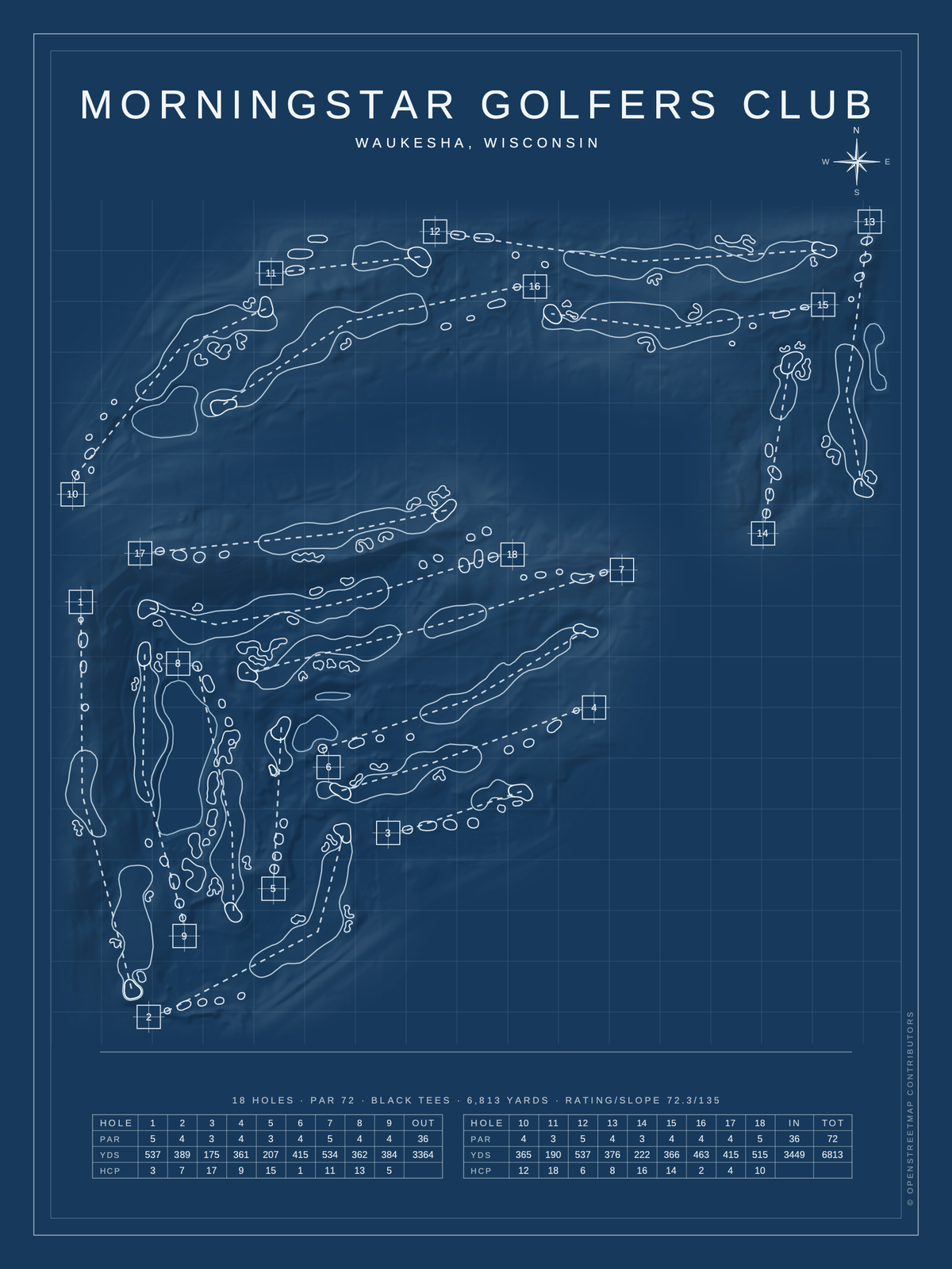 MorningStar Golfers Club course map poster, Blueprint style, 12×16 / 18×24