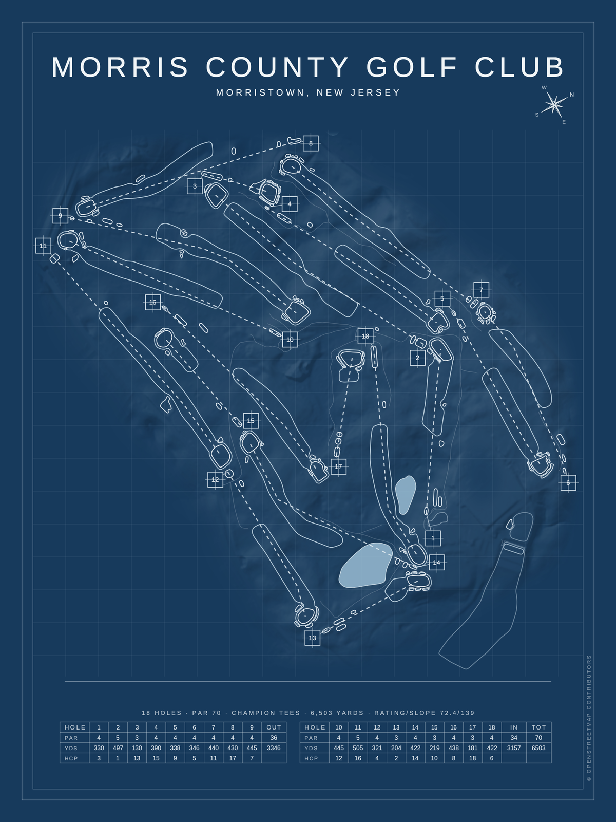 Morris County Golf Club course map poster, Blueprint style, 12×16 / 18×24