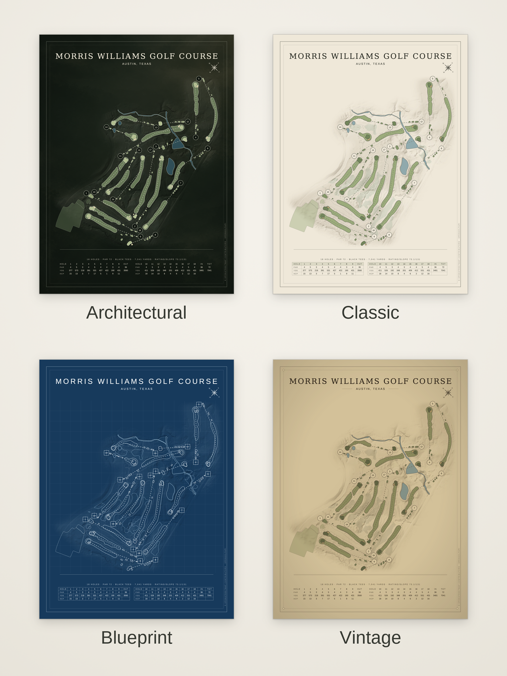 Morris Williams Golf Course map poster in four styles: Architectural, Classic, Blueprint and Vintage