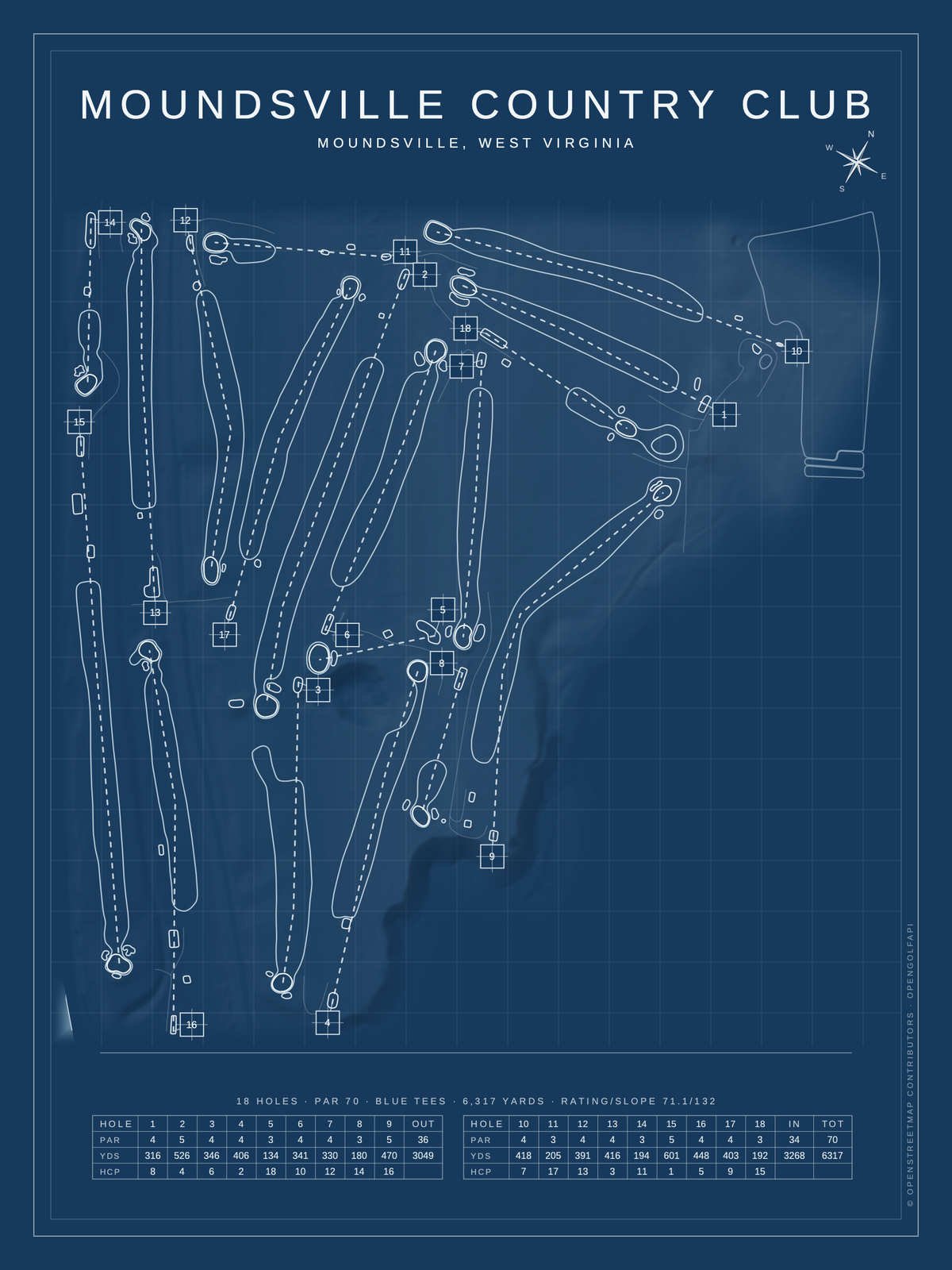 Moundsville Country Club course map poster, Blueprint style, 12×16 / 18×24