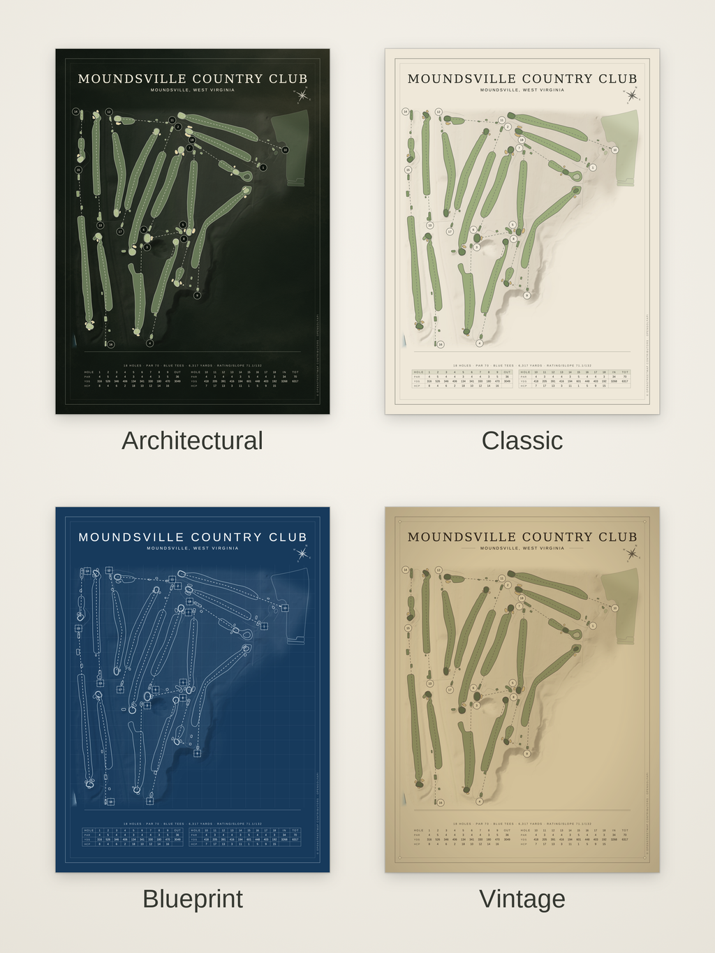 Moundsville Country Club course map poster in four styles: Architectural, Classic, Blueprint and Vintage