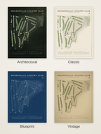 Moundsville Country Club course map poster in four styles: Architectural, Classic, Blueprint and Vintage