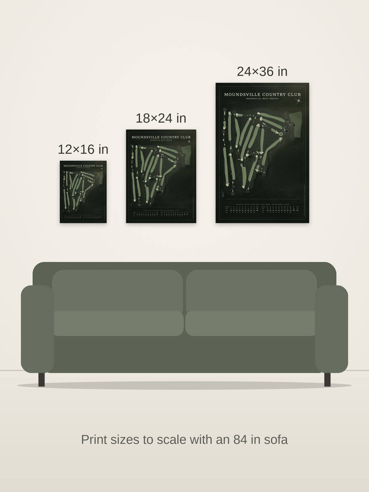 Moundsville Country Club course map poster in the Architectural style at 12×16, 18×24 and 24×36 inches, shown to scale on a wall above an 84-inch sofa
