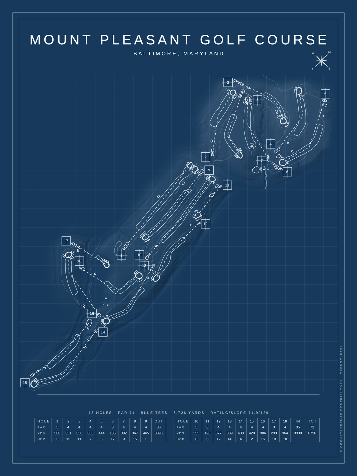 Mount Pleasant Golf Course map poster, Blueprint style, 12×16 / 18×24