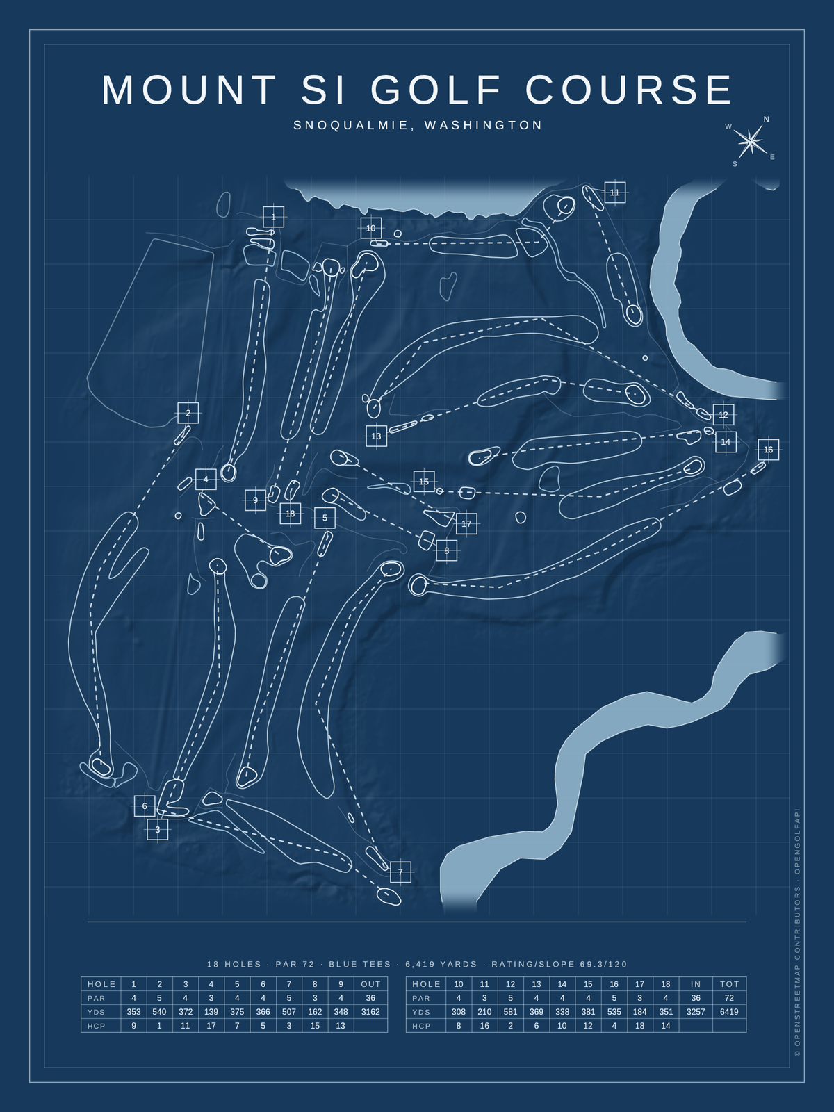 Mount Si Golf Course map poster, Blueprint style, 12×16 / 18×24