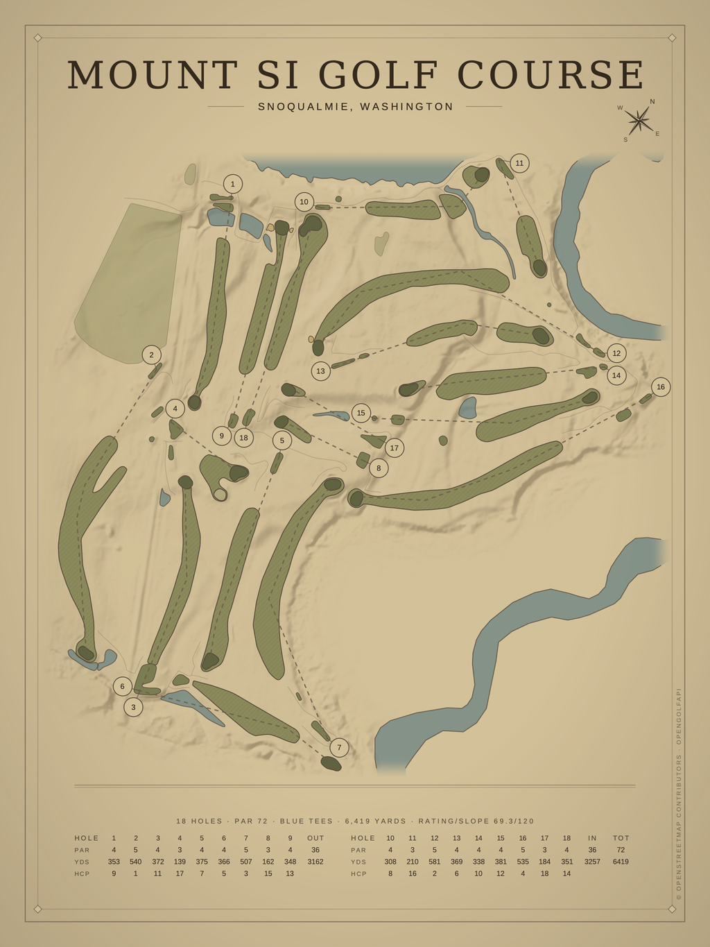 Mount Si Golf Course map poster, Vintage style, 12×16 / 18×24