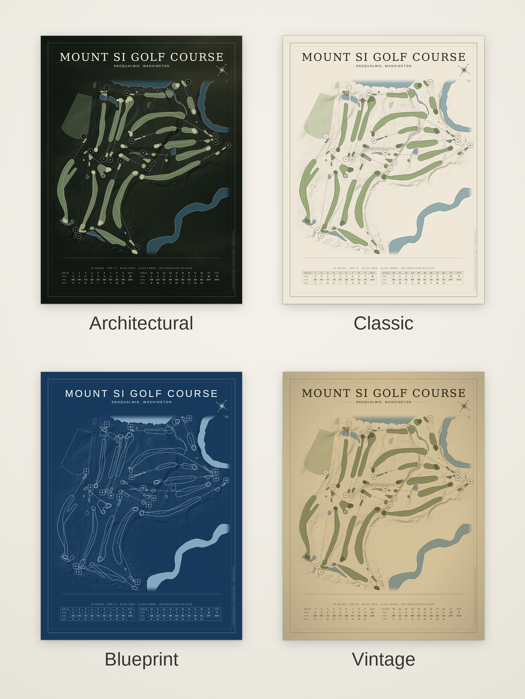 Mount Si Golf Course map poster in four styles: Architectural, Classic, Blueprint and Vintage