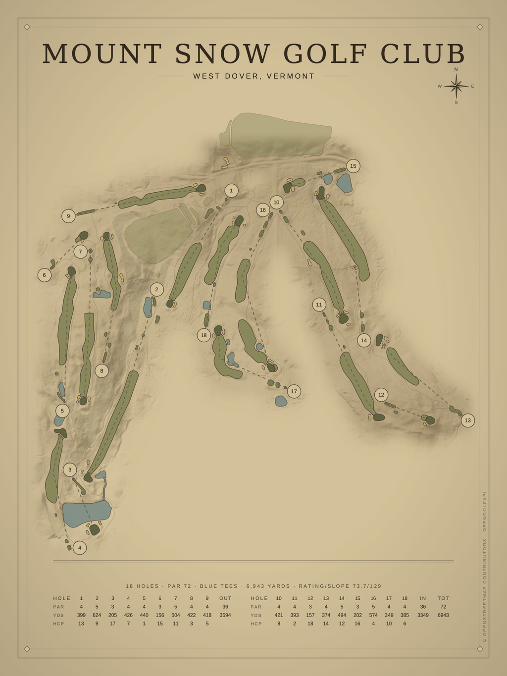 Mount Snow Golf Club course map poster, Vintage style, 12×16 / 18×24