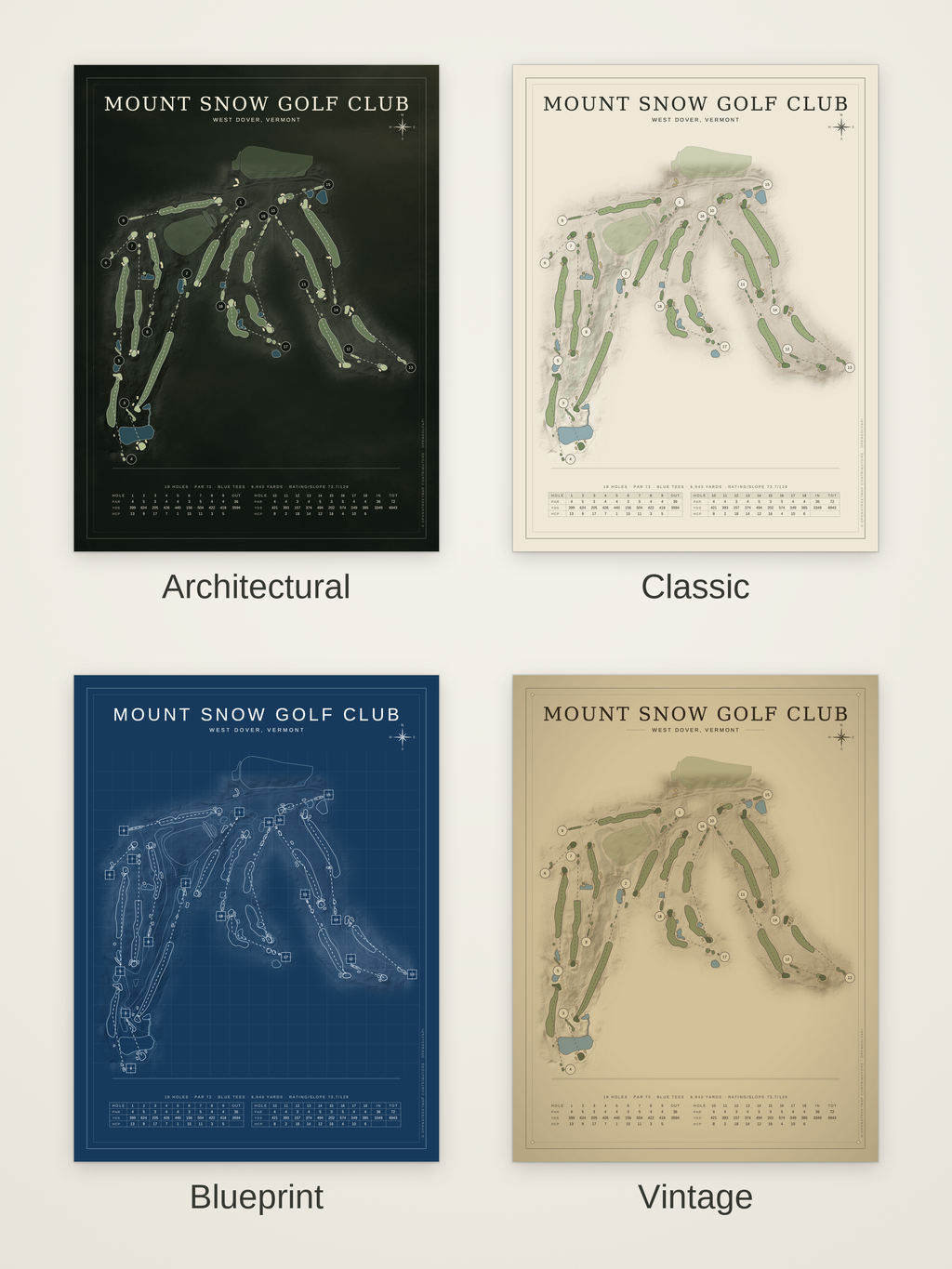 Mount Snow Golf Club course map poster in four styles: Architectural, Classic, Blueprint and Vintage