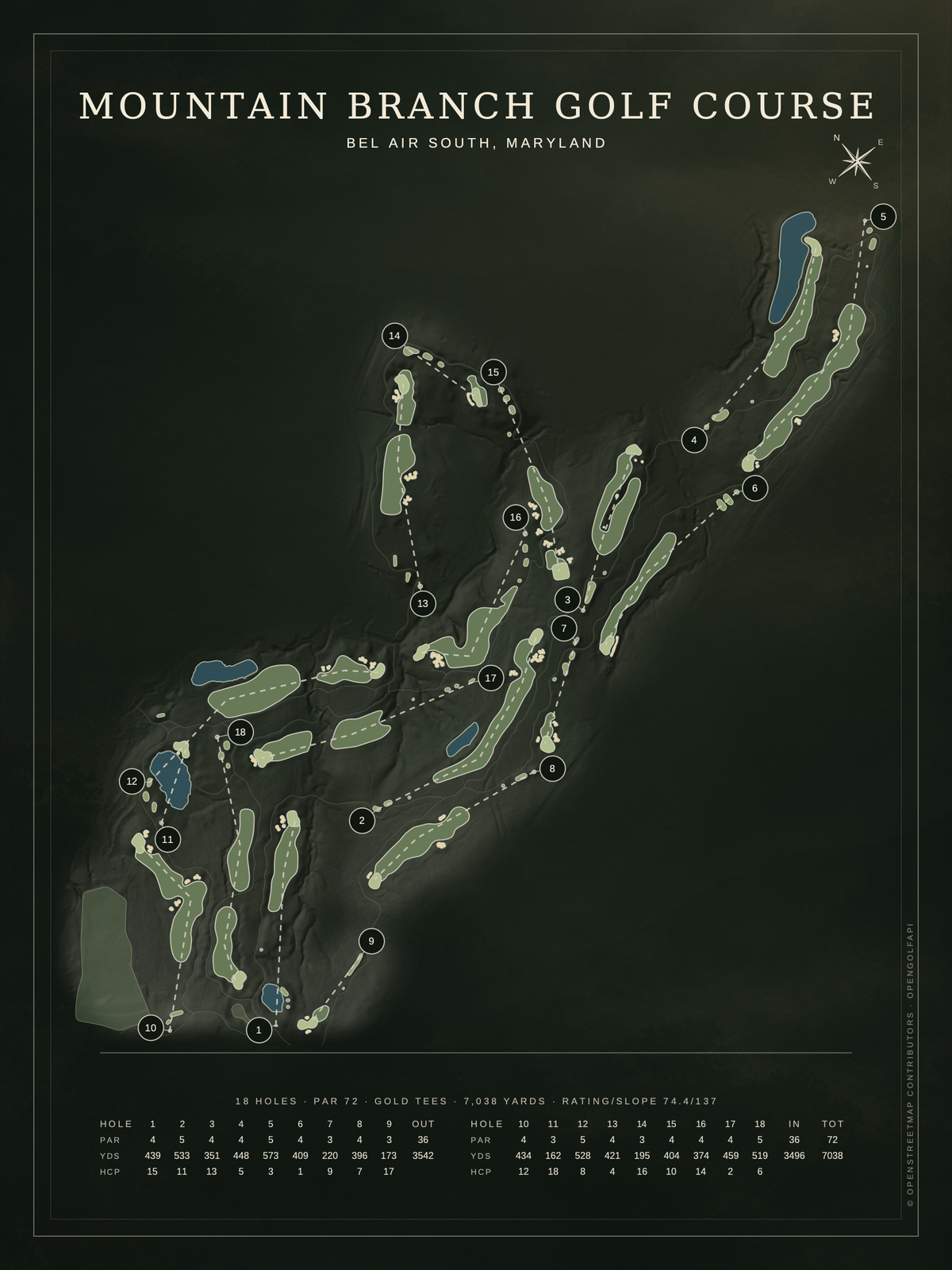Mountain Branch Golf Course map poster, Architectural style, 12×16 / 18×24