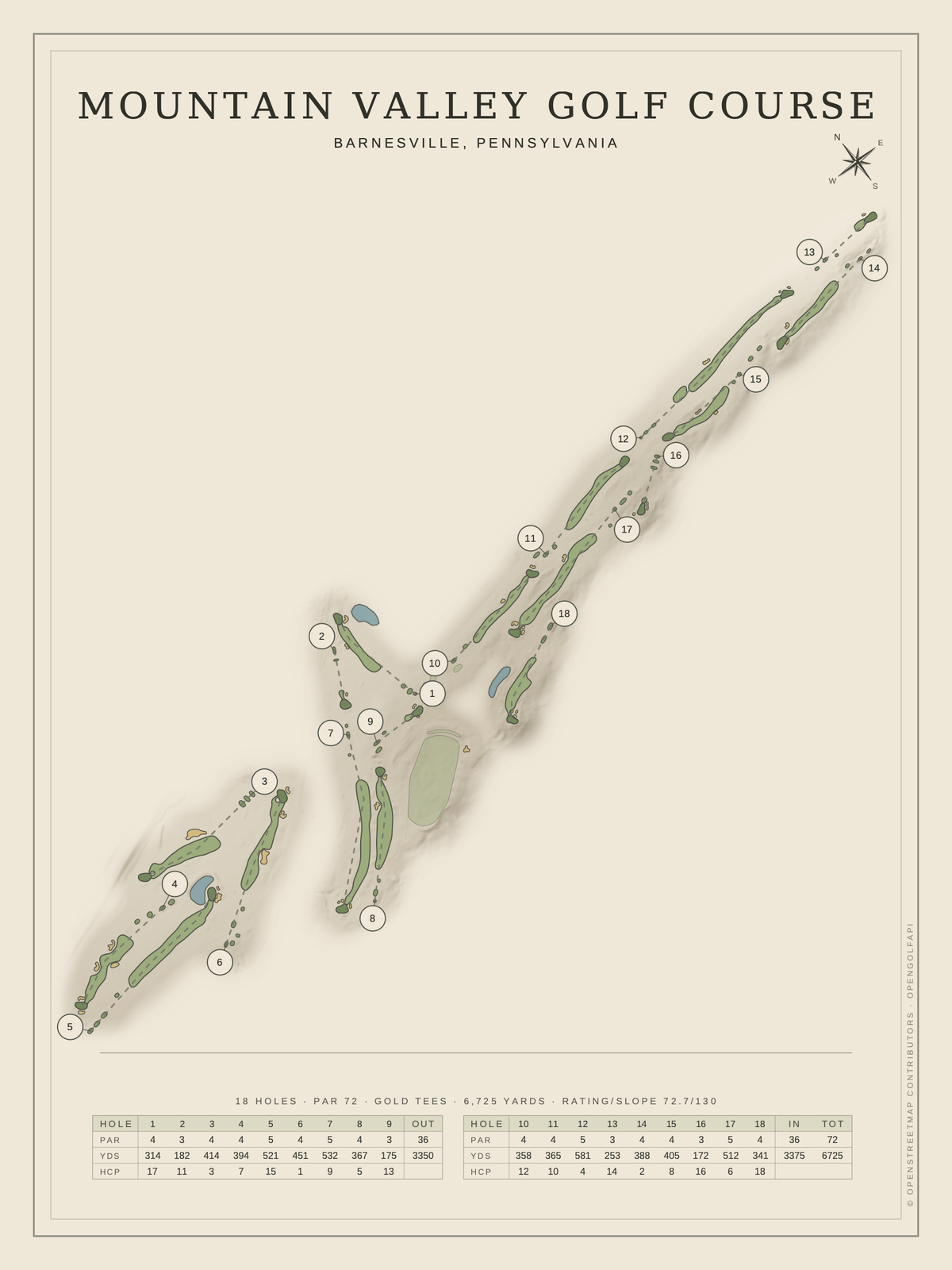Mountain Valley Golf Course map poster, Classic style, 12×16 / 18×24