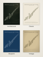 Mountain Valley Golf Course map poster in four styles: Architectural, Classic, Blueprint and Vintage