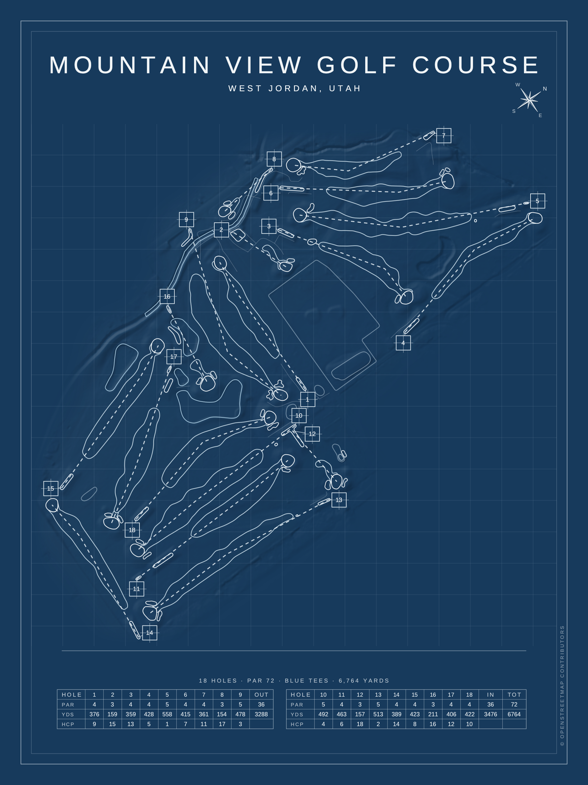 Mountain View Golf Course map poster, Blueprint style, 12×16 / 18×24