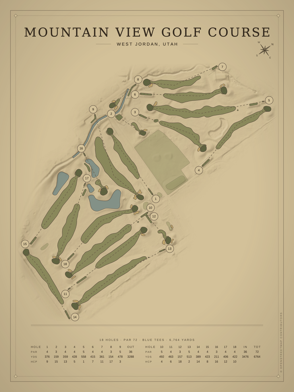Mountain View Golf Course map poster, Vintage style, 12×16 / 18×24