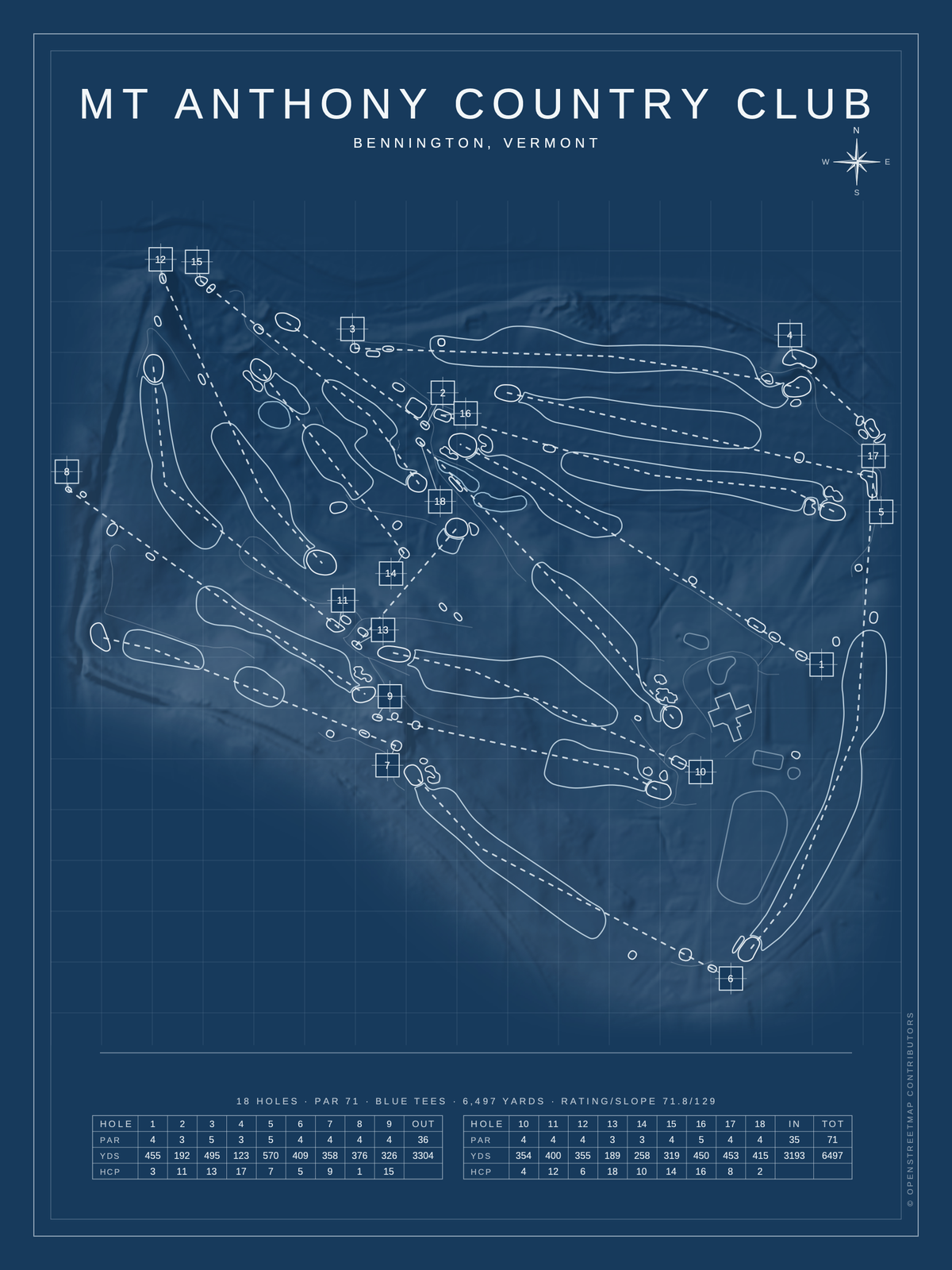 Mt Anthony Country Club course map poster, Blueprint style, 12×16 / 18×24