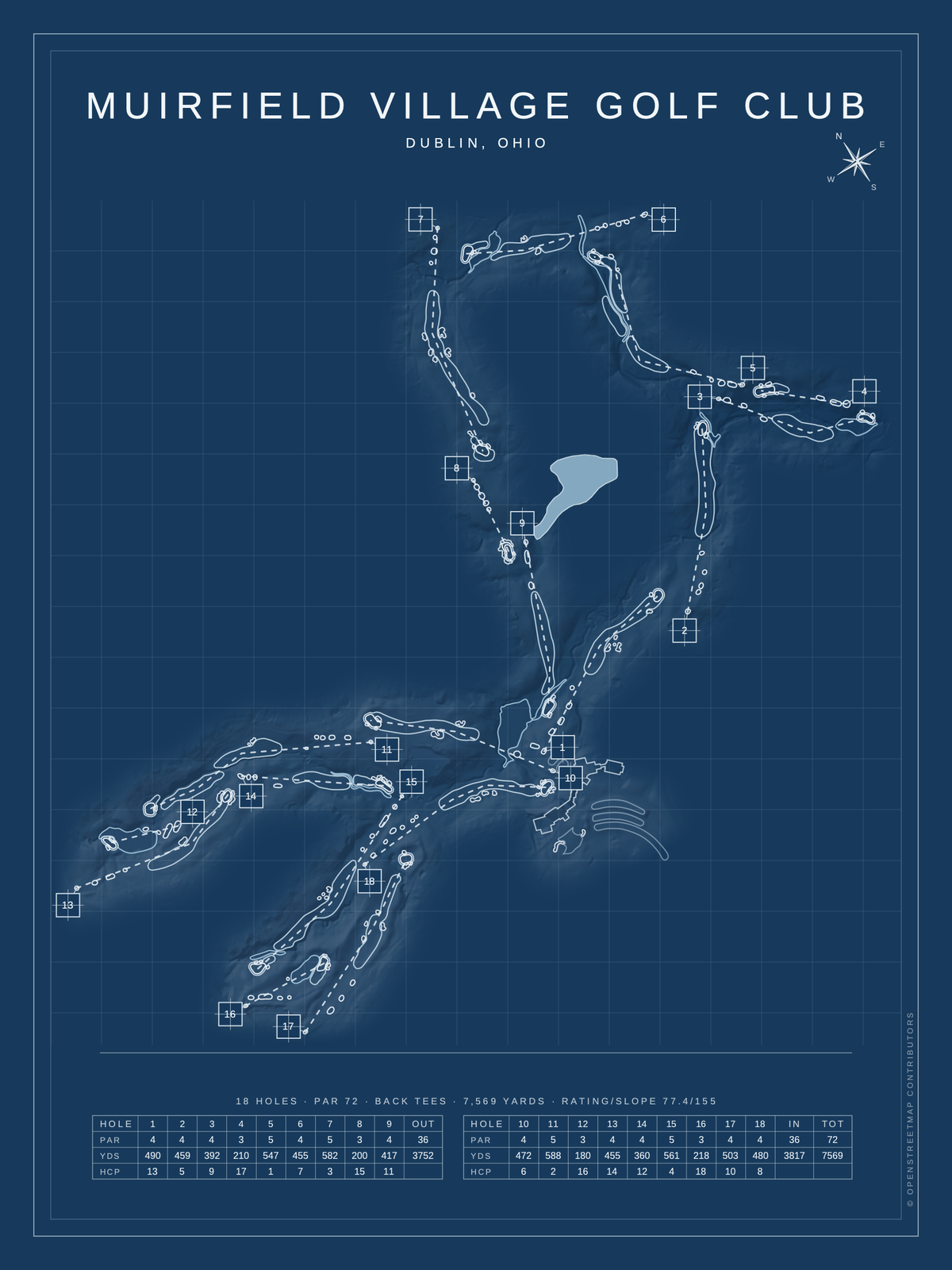 Muirfield Village Golf Club course map poster, Blueprint style, 12×16 / 18×24