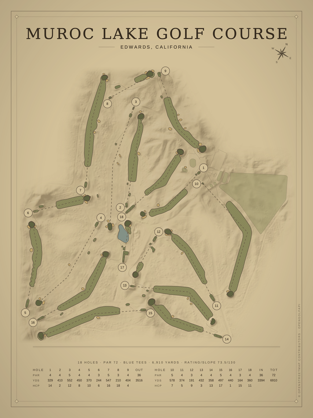 Muroc Lake Golf Course map poster, Vintage style, 12×16 / 18×24
