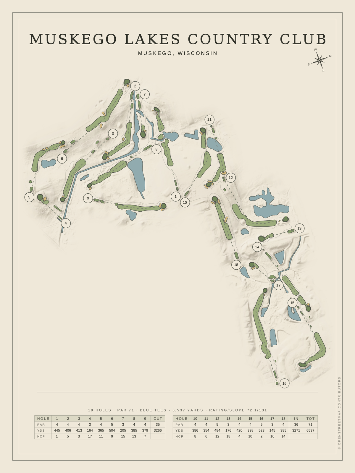 Muskego Lakes Country Club course map poster, Classic style, 12×16 / 18×24