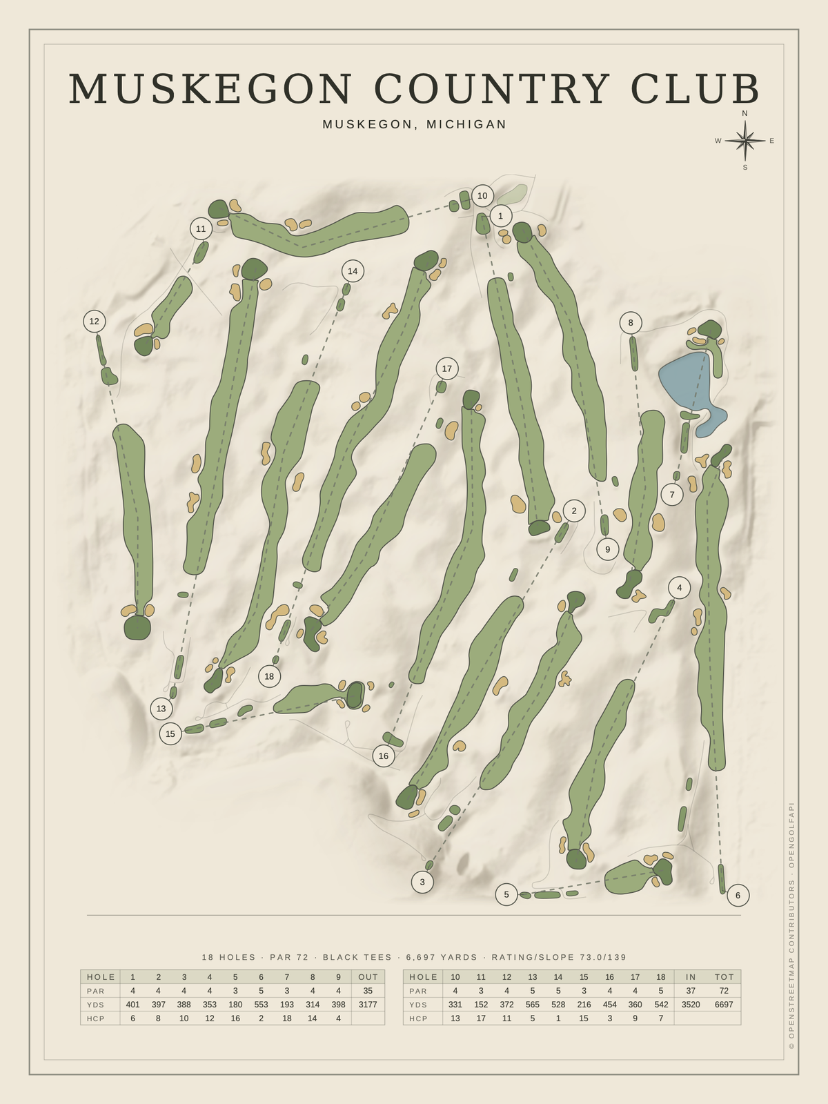 Muskegon Country Club course map poster, Classic style, 12×16 / 18×24