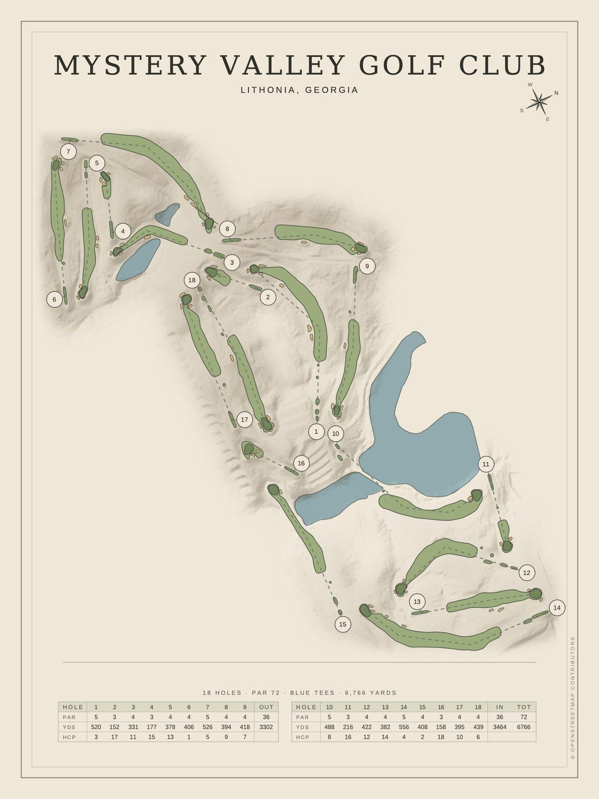Mystery Valley Golf Club course map poster, Classic style, 12×16 / 18×24