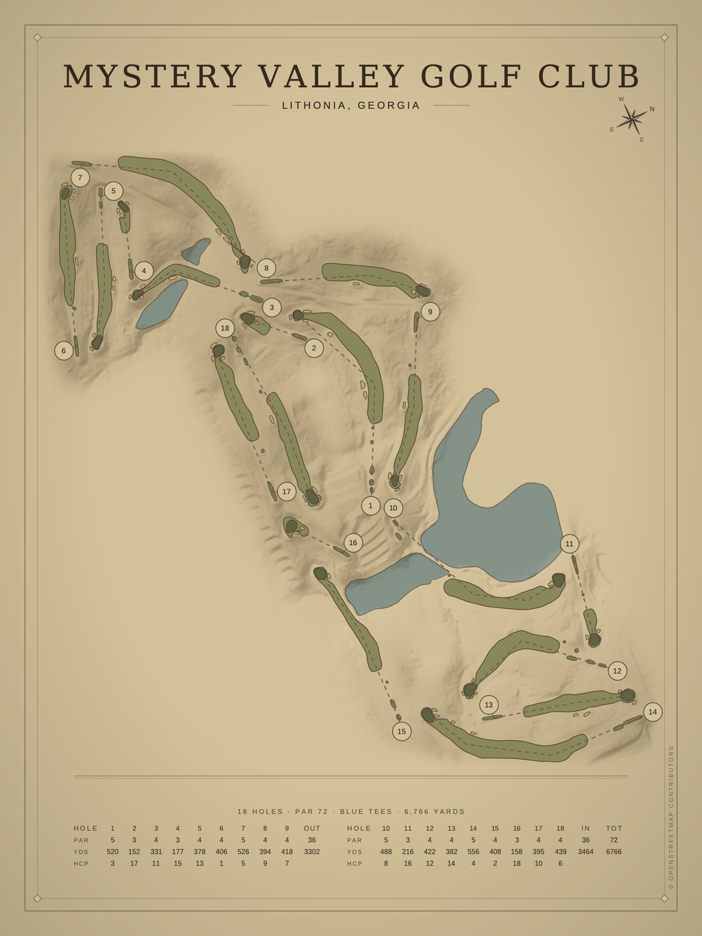 Mystery Valley Golf Club course map poster, Vintage style, 12×16 / 18×24