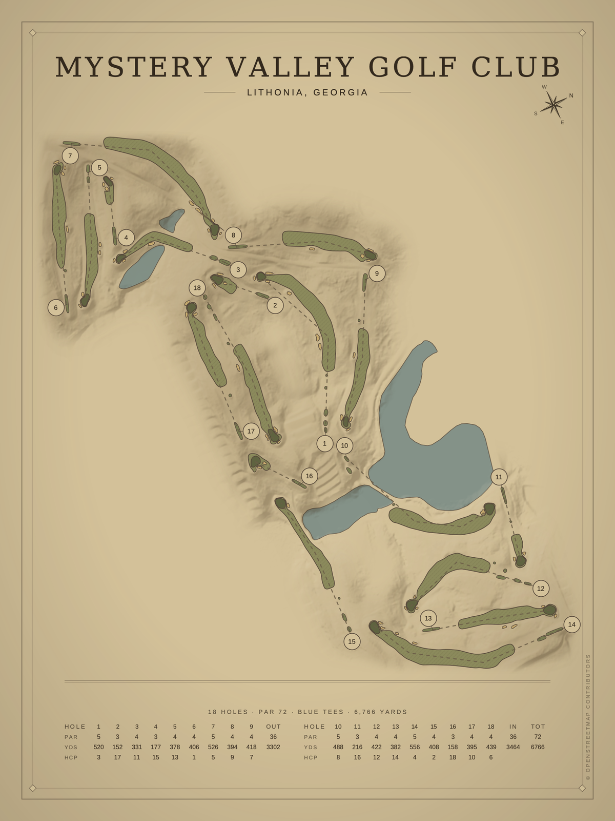 Mystery Valley Golf Club course map poster, Vintage style, 12×16 / 18×24