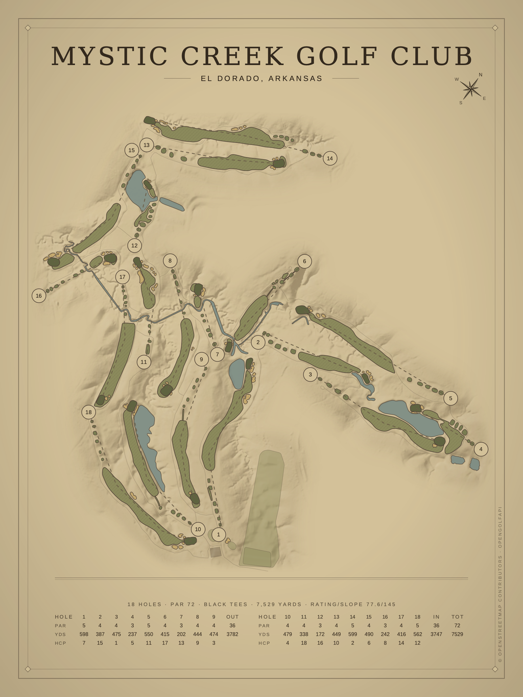 Mystic Creek Golf Club course map poster, Vintage style, 12×16 / 18×24