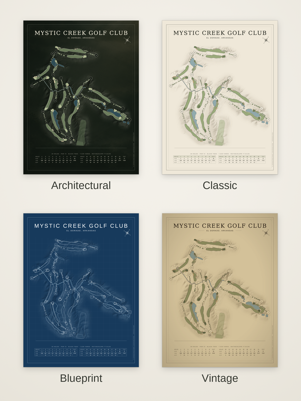 Mystic Creek Golf Club course map poster in four styles: Architectural, Classic, Blueprint and Vintage