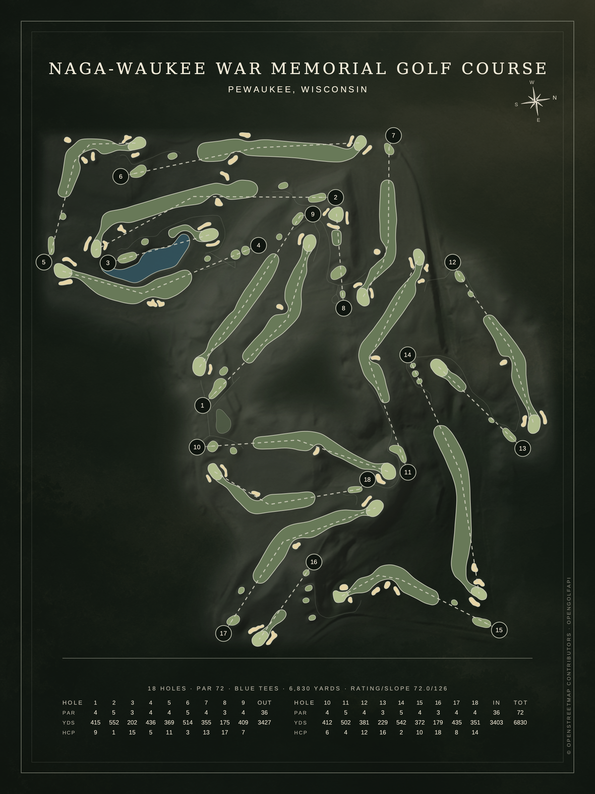 Naga-Waukee War Memorial Golf Course map poster, Architectural style, 12×16 / 18×24