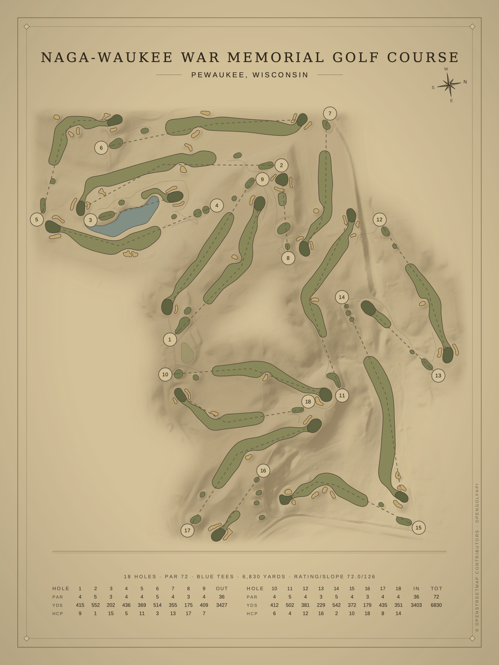 Naga-Waukee War Memorial Golf Course map poster, Vintage style, 12×16 / 18×24
