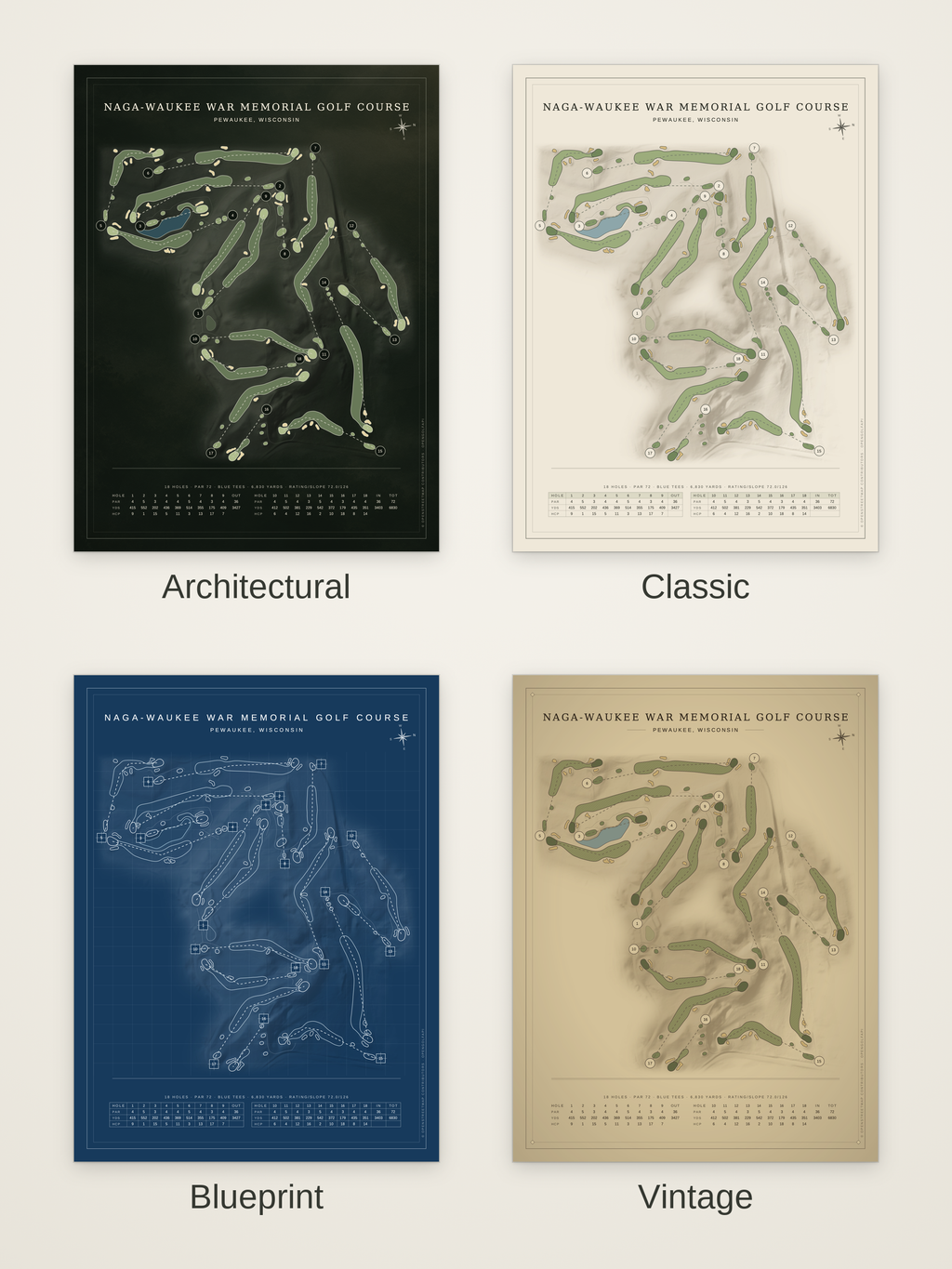 Naga-Waukee War Memorial Golf Course map poster in four styles: Architectural, Classic, Blueprint and Vintage
